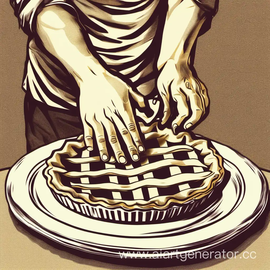 сгенерировать картину пнг  на основе пьесы Крылова "Пирог" рука тянущаяся за пирогом, чтобы тайно съесть.  рука должна быть обычного цвета 