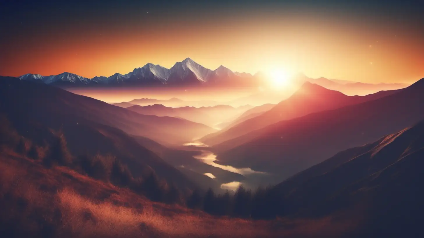 create an image with a beautiful sunrise with mountains in the background with and space effects 
