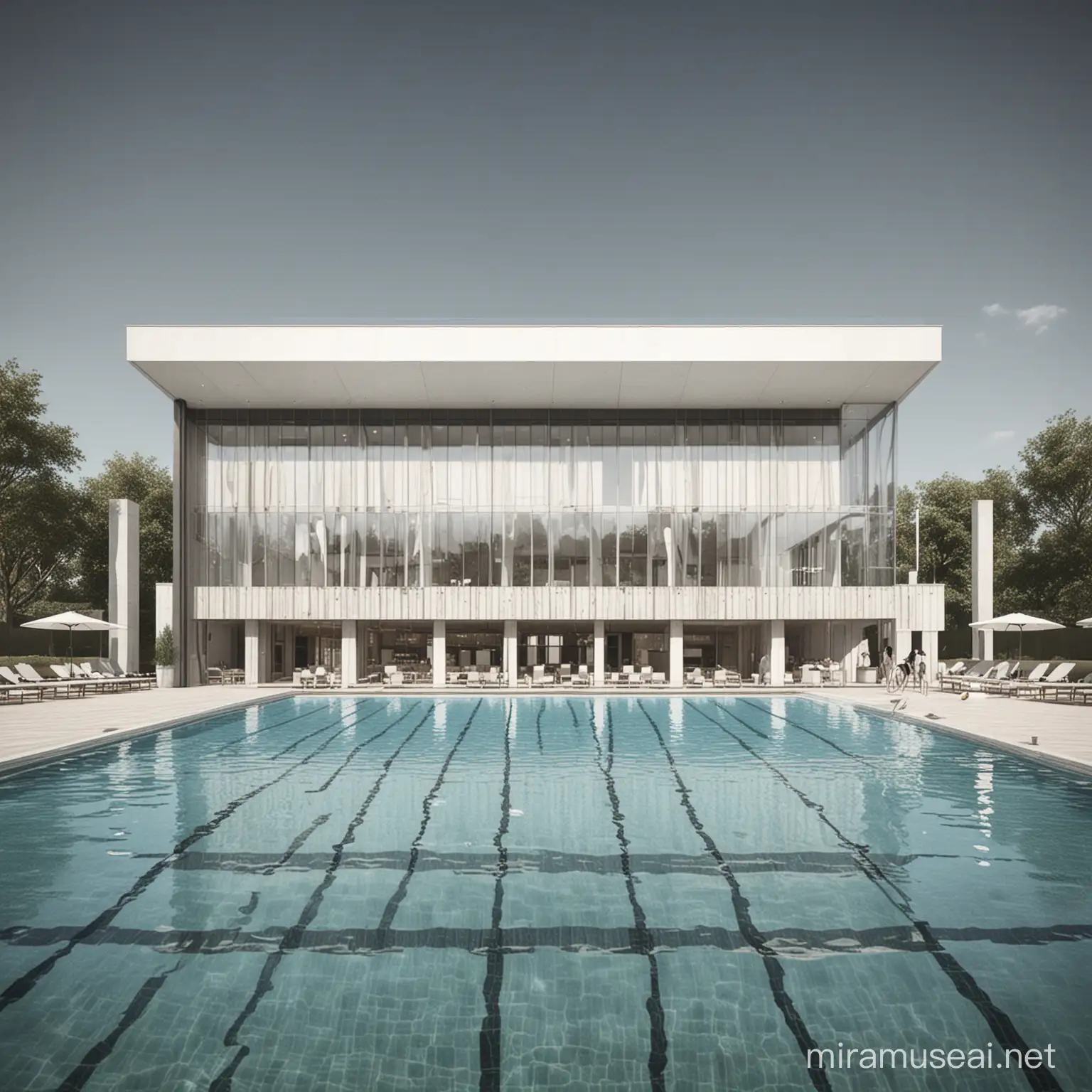 A farchitecture elevation of recreational swimming pool building with a rectangular plan, half of which is intended for swimming pools and the other half  is 2 floor restaurants, changing rooms and shops. The pool roof shows this division withHIGHT difference 
Everything is one building, 

