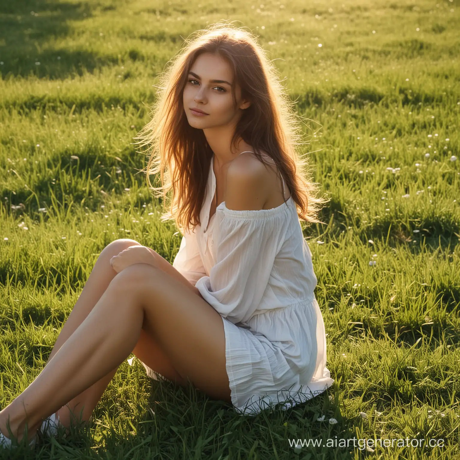 красивая худая девушка, сидит на траве, светит солнце, меланхолия, любовь