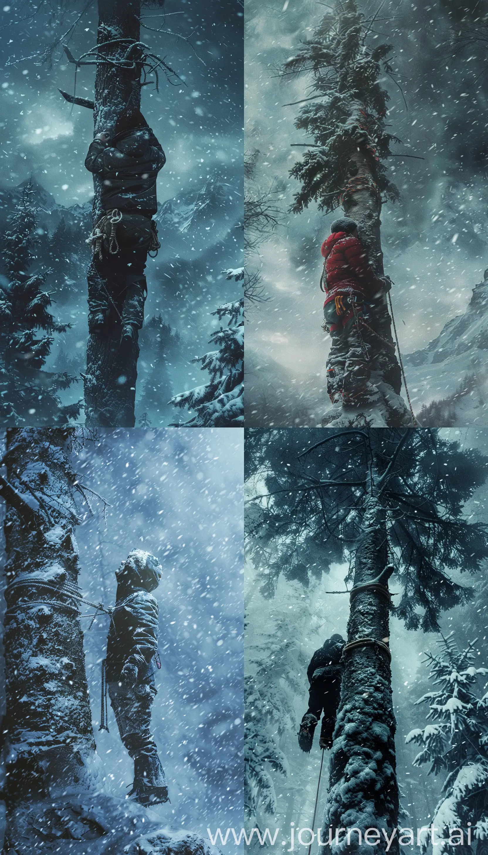 A mountaineer tied to the trunk of a tree in a snowstorm forest, snow horror scene --ar 4:7 --style raw 