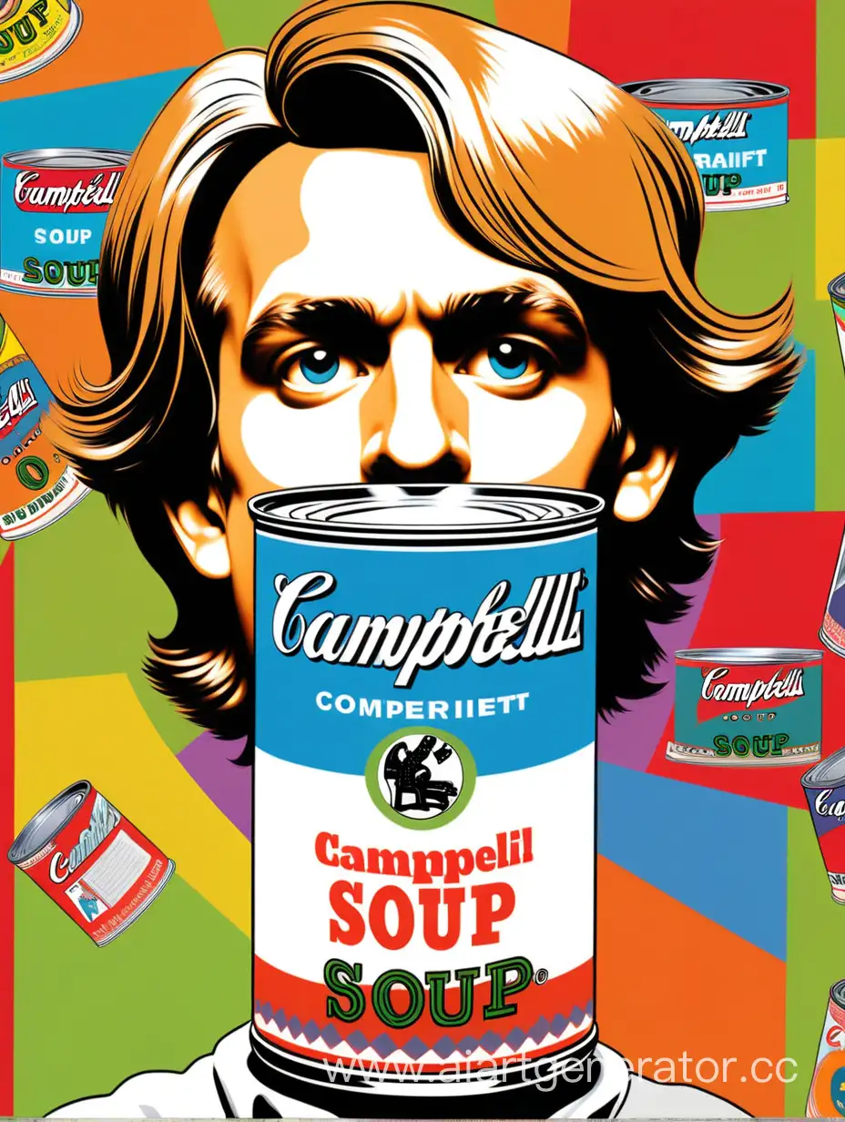  andy warwhol self portrait on a Campbell’s Soup can over a pop art print bakground



