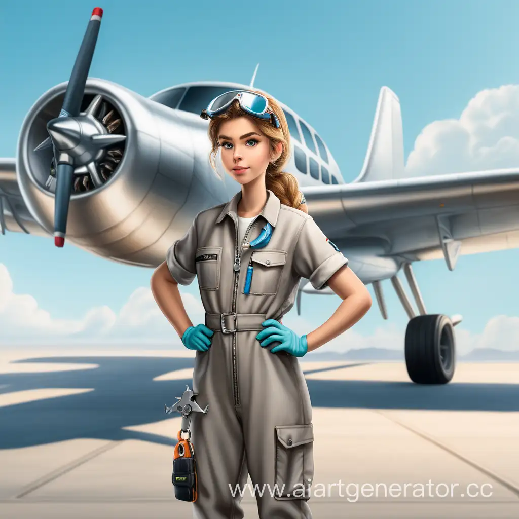 Девушка в костюме механика стоит перед самолётом с гаечным ключом