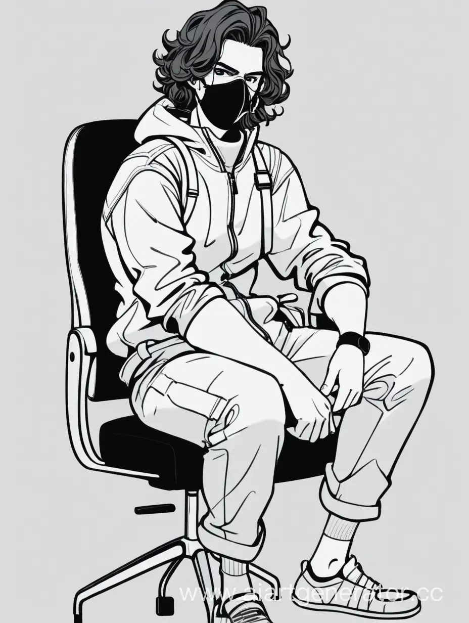 парень, с волнистыми волосами, в черном респираторе, сидящий на стуле, в обычной одежде, 2D