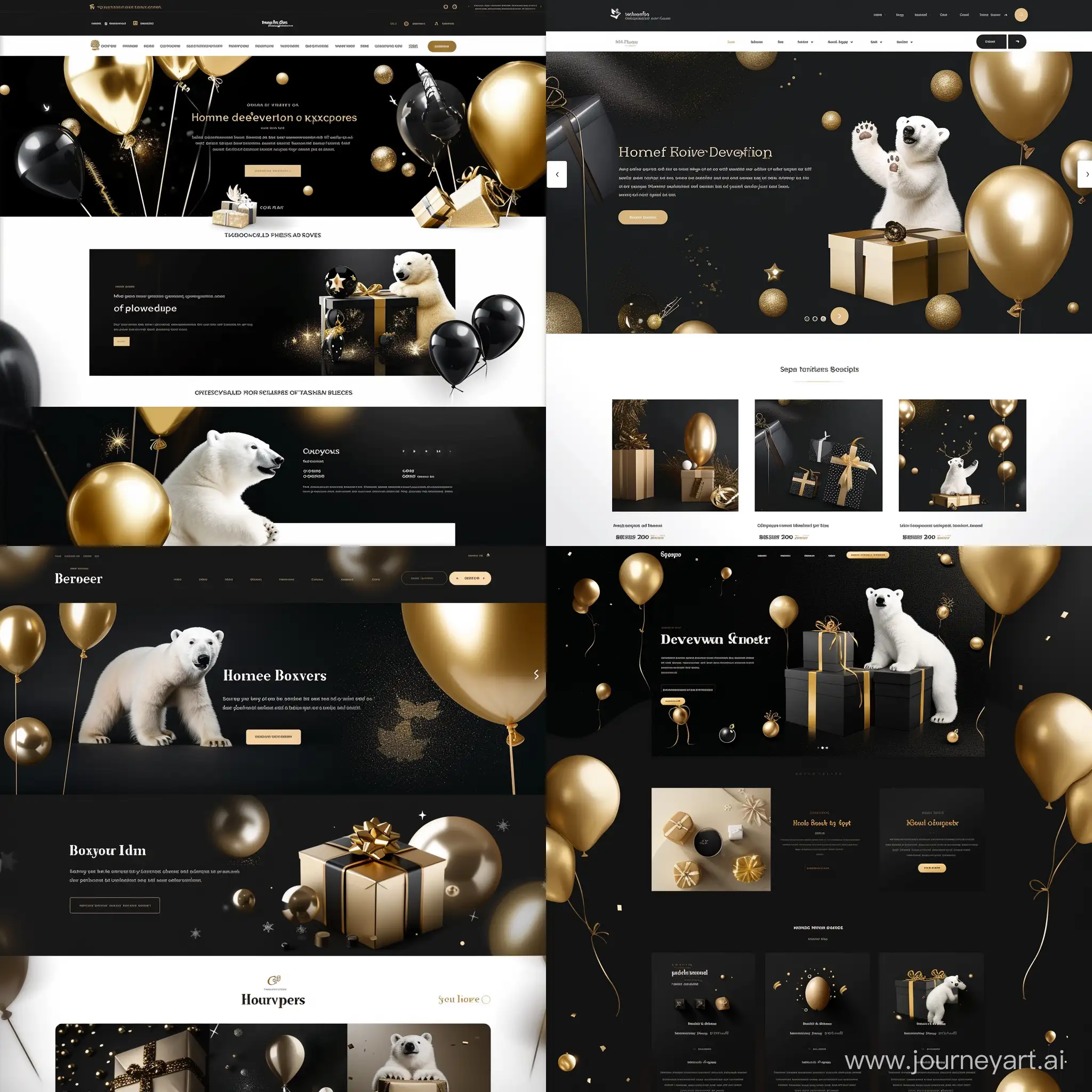 "Please design a website for home-delivered surprises with a black and gold color theme. The site should convey the excitement and joy of receiving surprises, utilizing a combination of black and gold colors for an elegant and festive atmosphere. Include relevant images of gift boxes, golden balloons, and polar bears. Ensure that the website navigation is intuitive and pleasant, enhancing the user experience. Incorporate clear sections for different surprise categories and special offers. Thank you!"