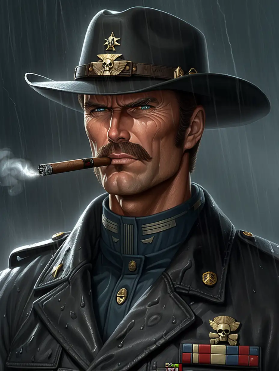 Warhammer 40K commando. He looks like a young Clint Eastwood. He is a large thick mustache. He has short brown hair. He is wearing a short cowboy hat. His commando fatigues are dark black. His commando fatigues top has a high collar. He is smoking a cigar. Background scene is a shadowy night in a torrential rainstorm.