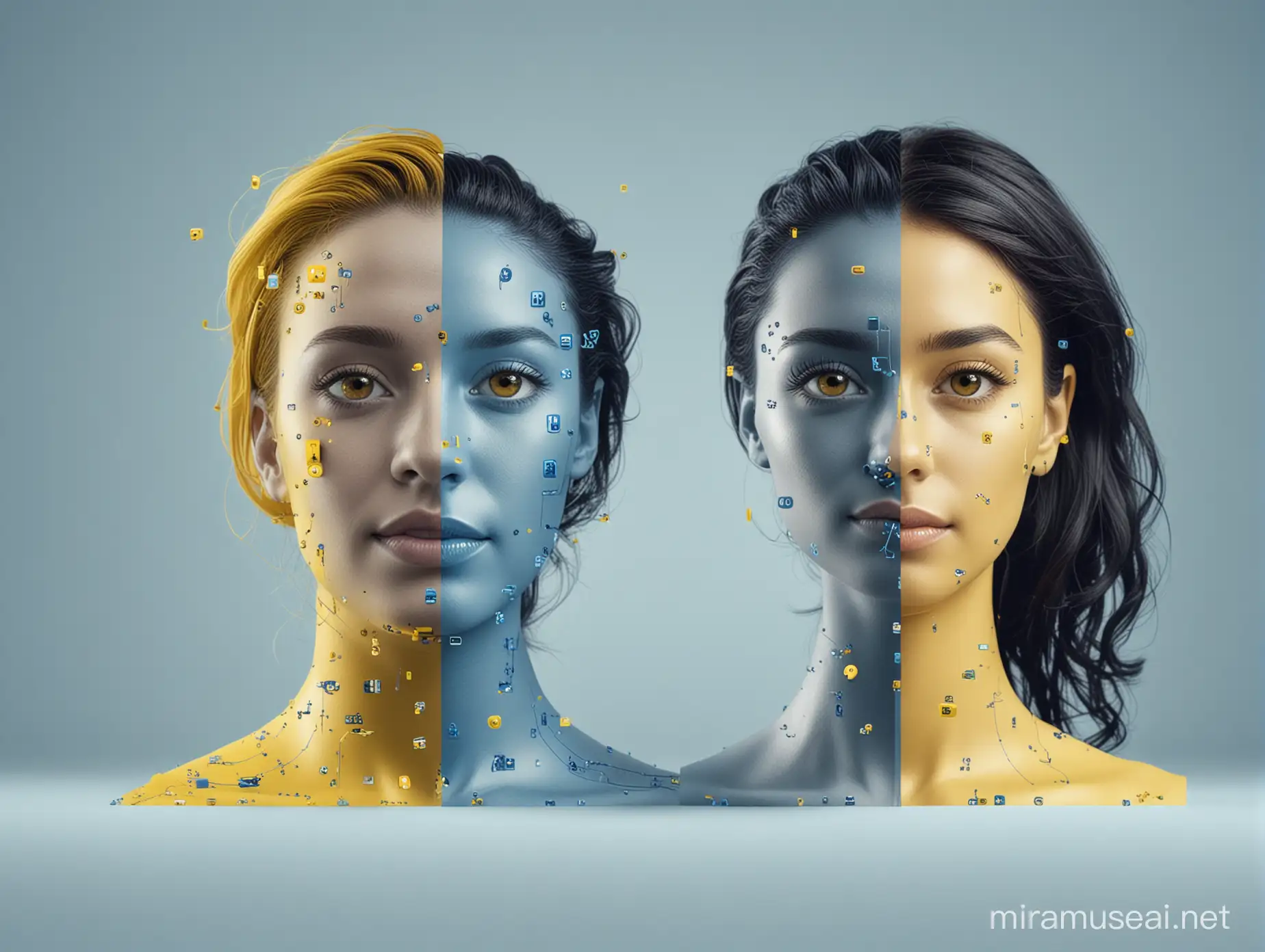 ai and social media, use blue and yellow colors. include two characters on the image
