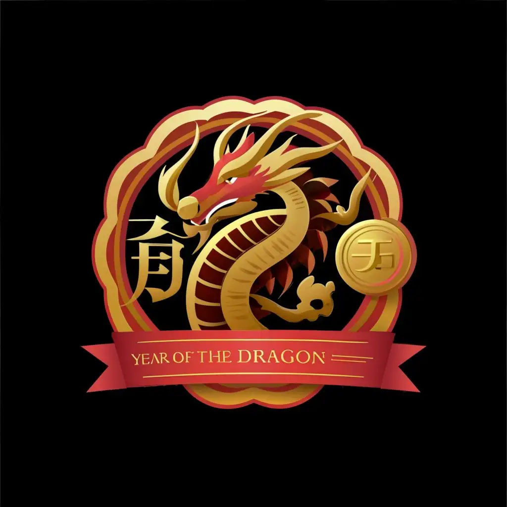 logo, Dragon, with the text "Year of the dragon, red, coin, gold", typography, be used in Finance industry