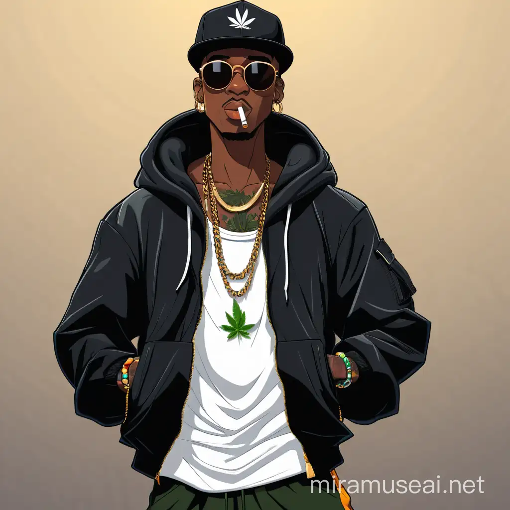 Animated Black skinny rapper smoking weed and blowing smoke from the mouth