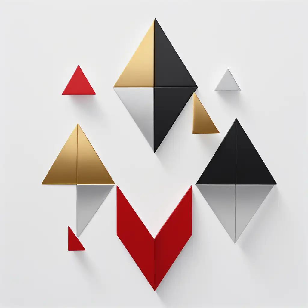 abstract, white background, two red lines, four gold squares spread out, three silver triangles apart, two black tall thin rectangles
