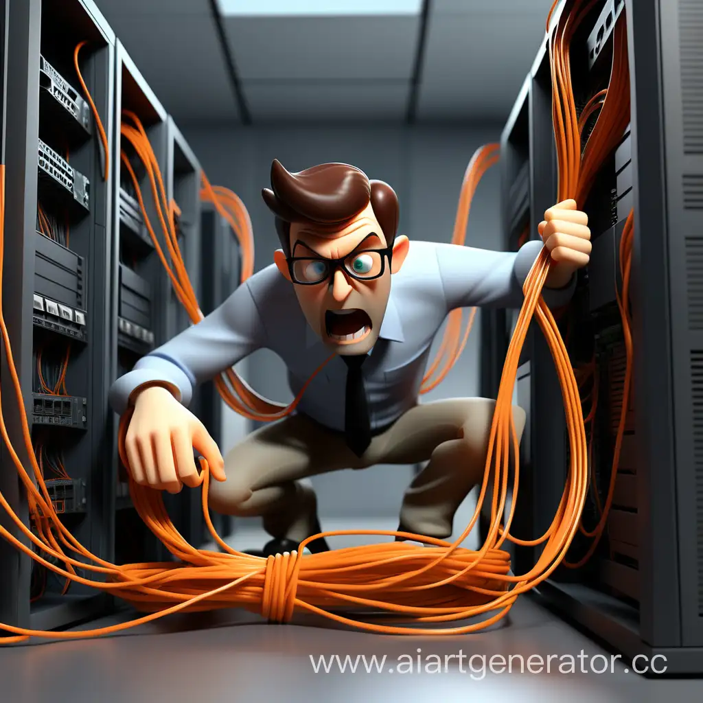 The system administrator got tangled in the wires of the 3d render