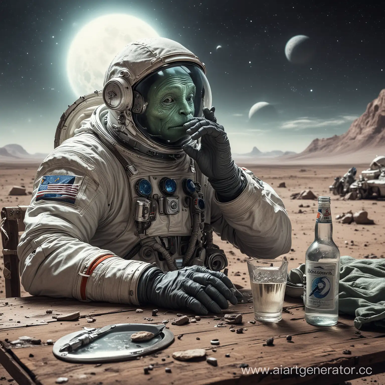 Drunk cosmonaut drinks vodka in an embrace with an alien on some planet, table, alien sits behind the table, hand on shoulder hug, open face, drank face of cosmonaut