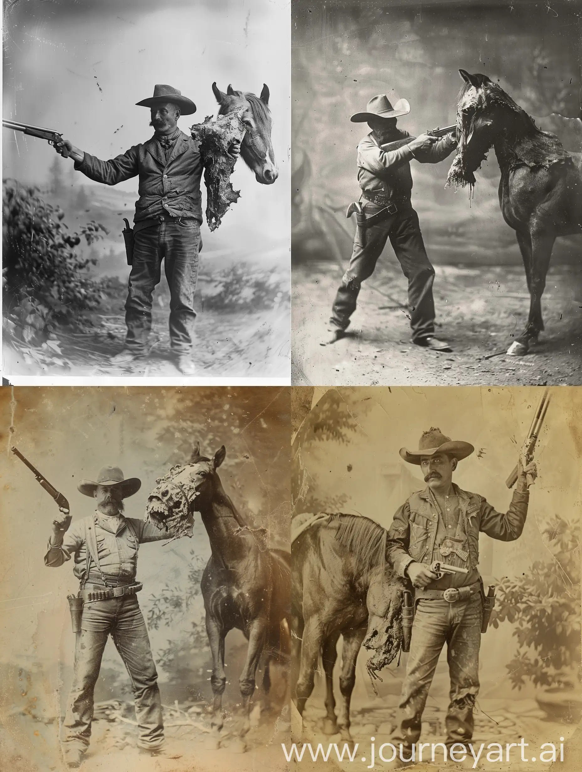 Scary vintage 1800's picture of a man in a cowboy hat with a shotgun who is holding a ripped head of a horse in his other hand