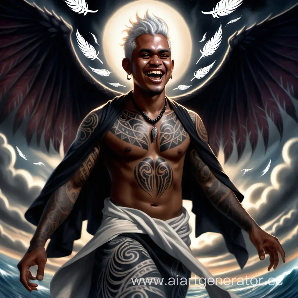 maori, polynesian, pasifika, 1boy, solo, male focus, dark skin, dark skinned male,  white hair, facial tattoo, wings, demon wings, glowing, magic, evil grin, chin tattoo, tattoo, feathers falling, robe, cloak, LUT like a movie, outdoors, fantasy painting, extremely detailed, 4 point perspective, vantage point
