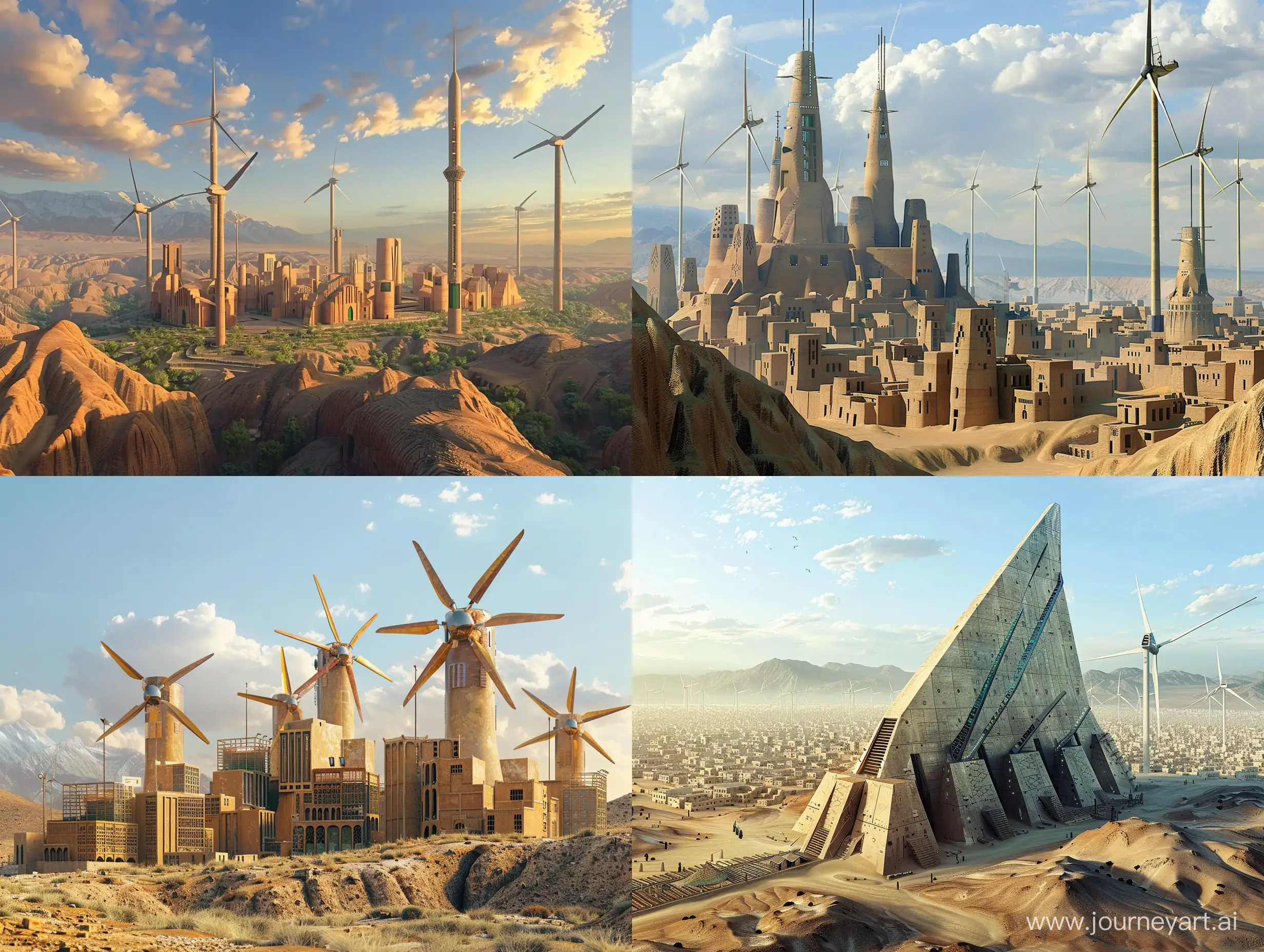 An image of the city of Yazd in the future and modern windmills is a very realistic image