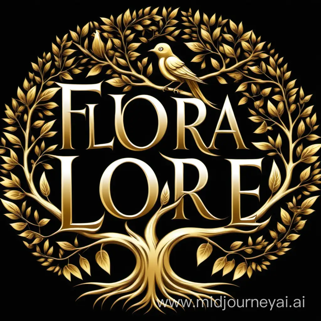 A logo with the name Flora Lore, but make FloraLore all one word, a bird signing on top of a tree, use vector image, with black background, use different shades of gold and white in the image 