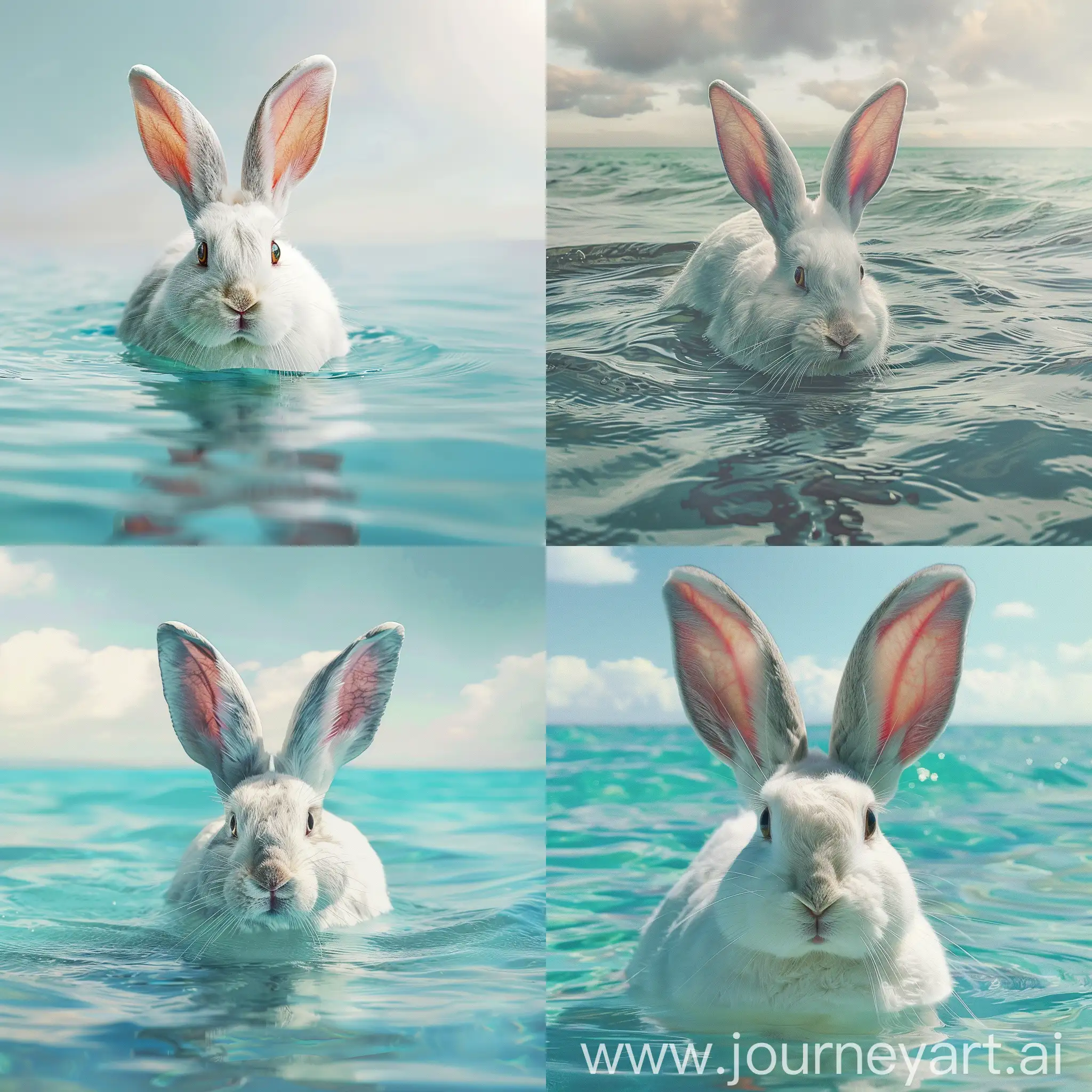 一只带有大耳朵的白色兔子在太平洋里畅游