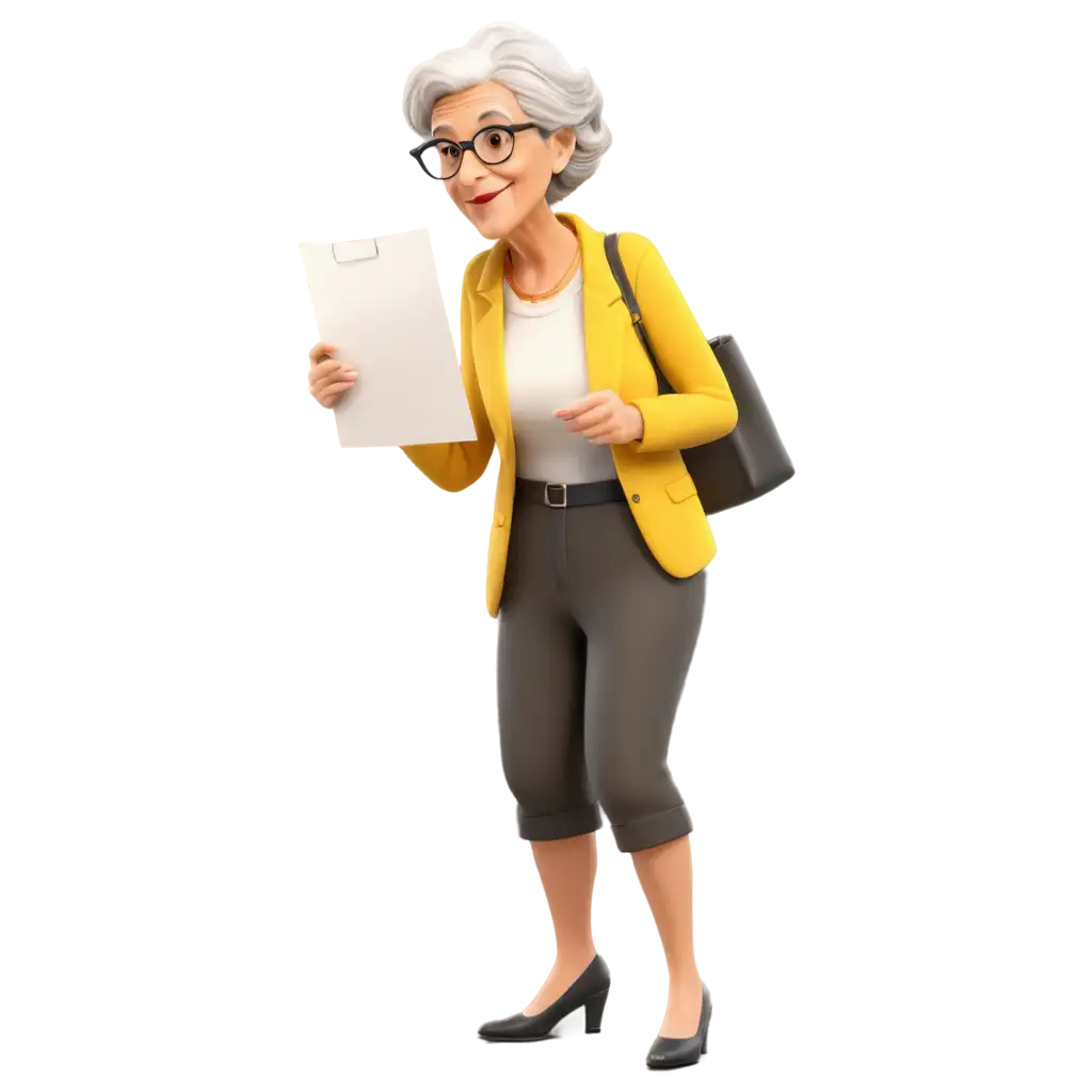 мультфільм бабусі моделі в окулярах яка дивитися в паперовий листок і має жовтий одяг і білий бейджик який висить у неї на шиї