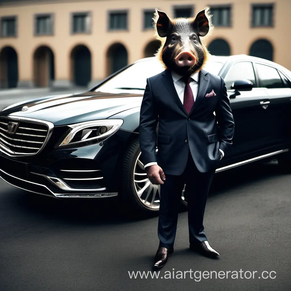 Elegant-Boar-Standing-by-Luxury-Car