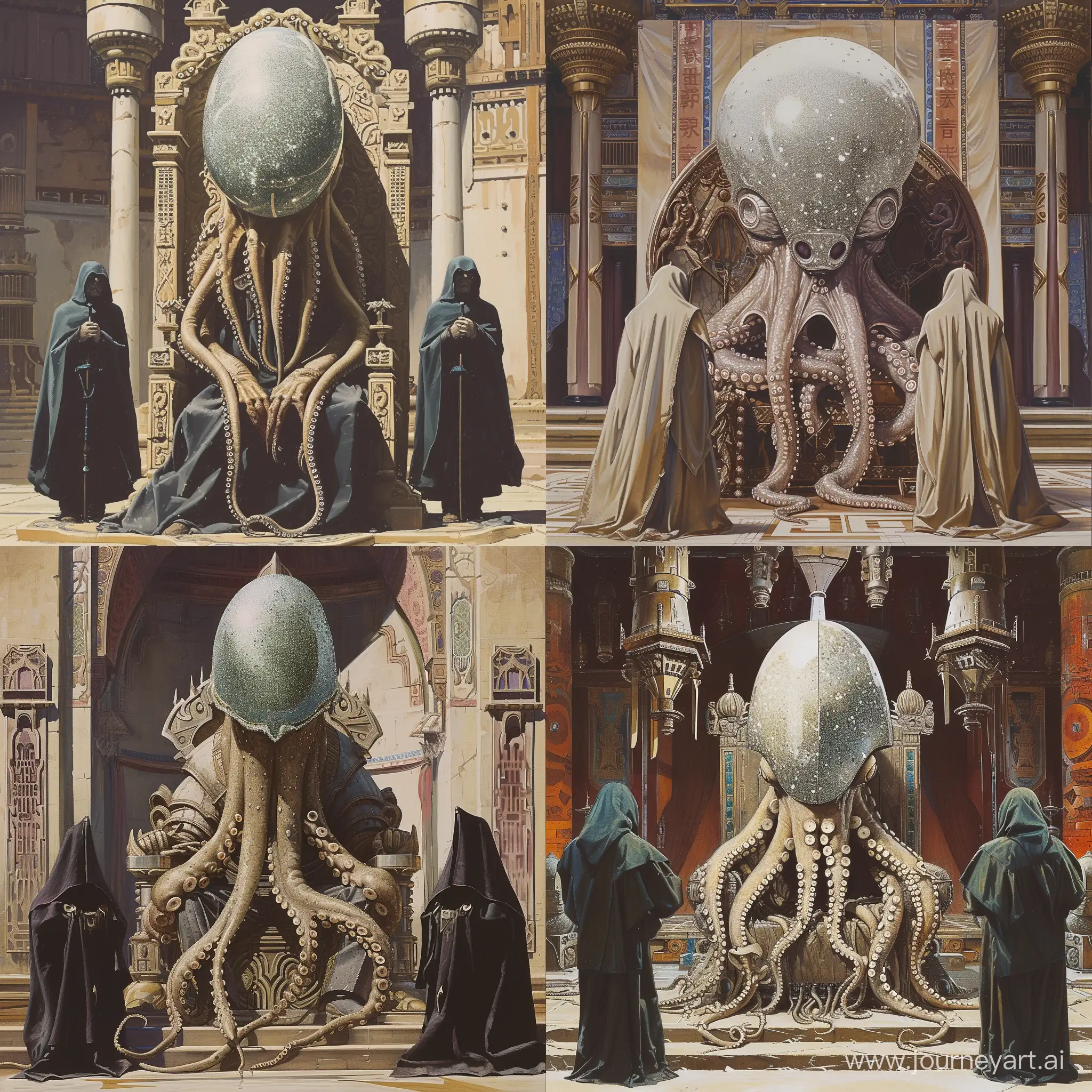a large cephalopod-like alien in a large nacre helmet with tentacles resting in a throne painted by Ralph Mcquarrie.  in oriental palace setting. flanked by two smaller cloaked humanoid guards. retro science fiction art style. in color. 
