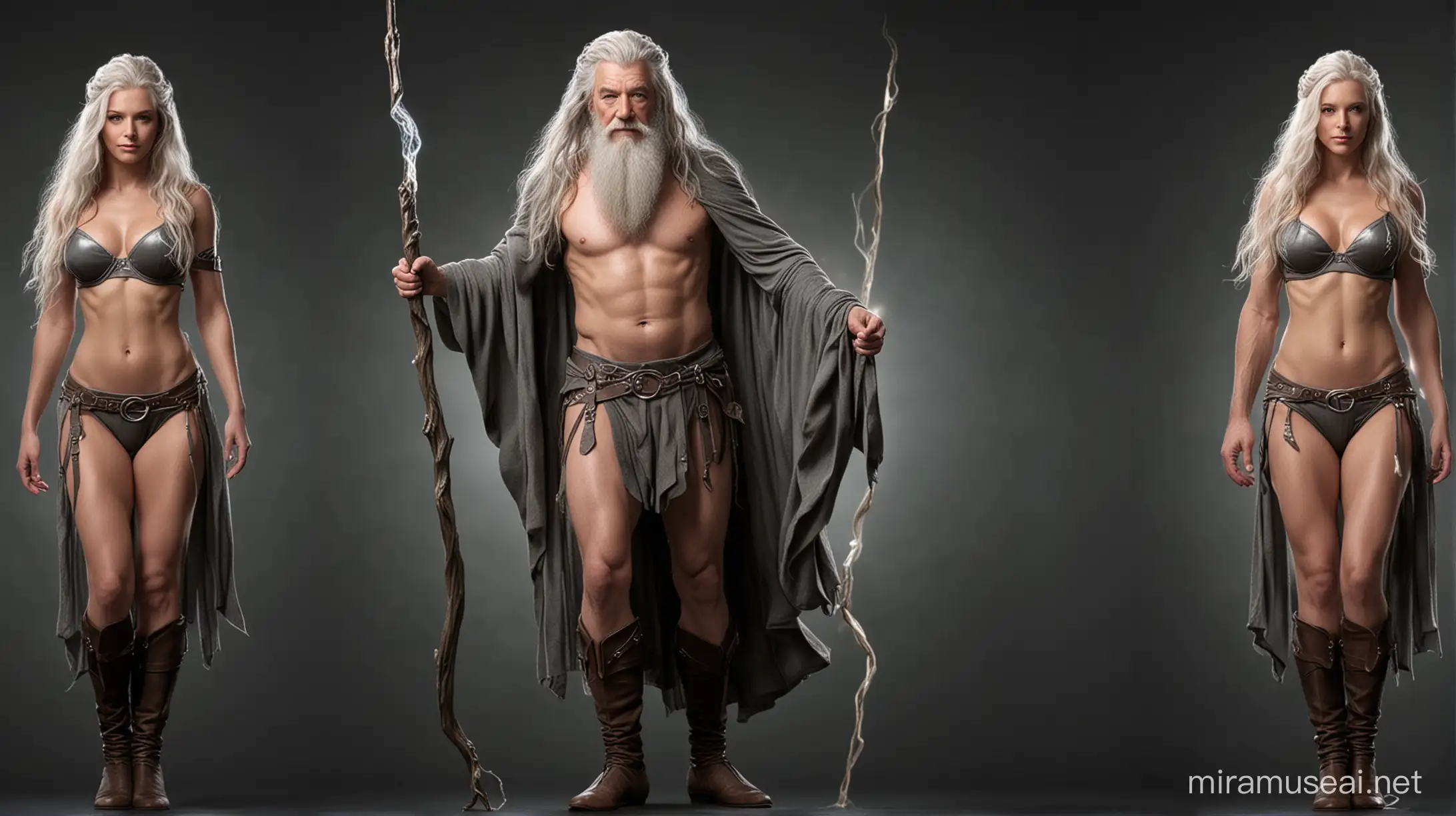 Gandalf wearing a sexy gear, poledancing for the middle earth, correct anatomy, lightenings, magic