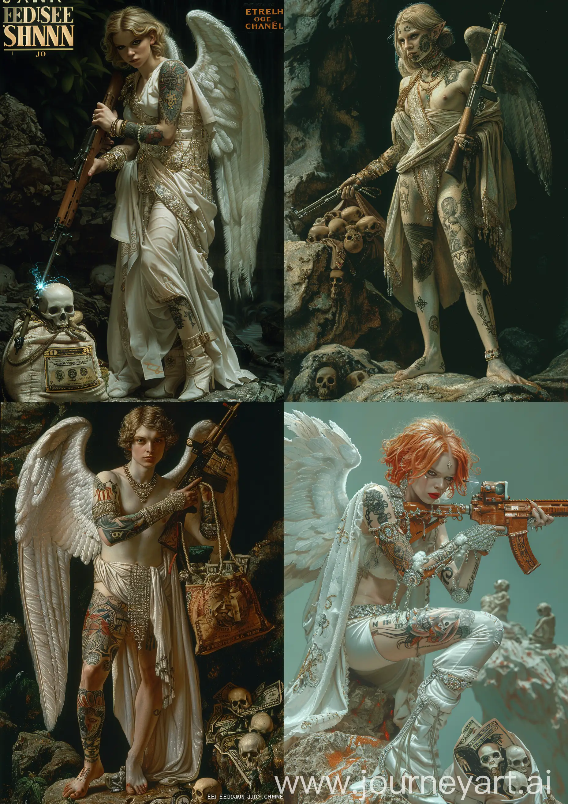 Edward Burne-Jones painting of a female  angel warrior with old school tattoos wearing white clothes ornate in diamonds, silk and robes, welding a kalashnikov and a CHANNEL  bag full of money and skulls, standing on a rock, high tones, high detailed, full body —c 22 —s 750 —v 6.0 —ar 5:7