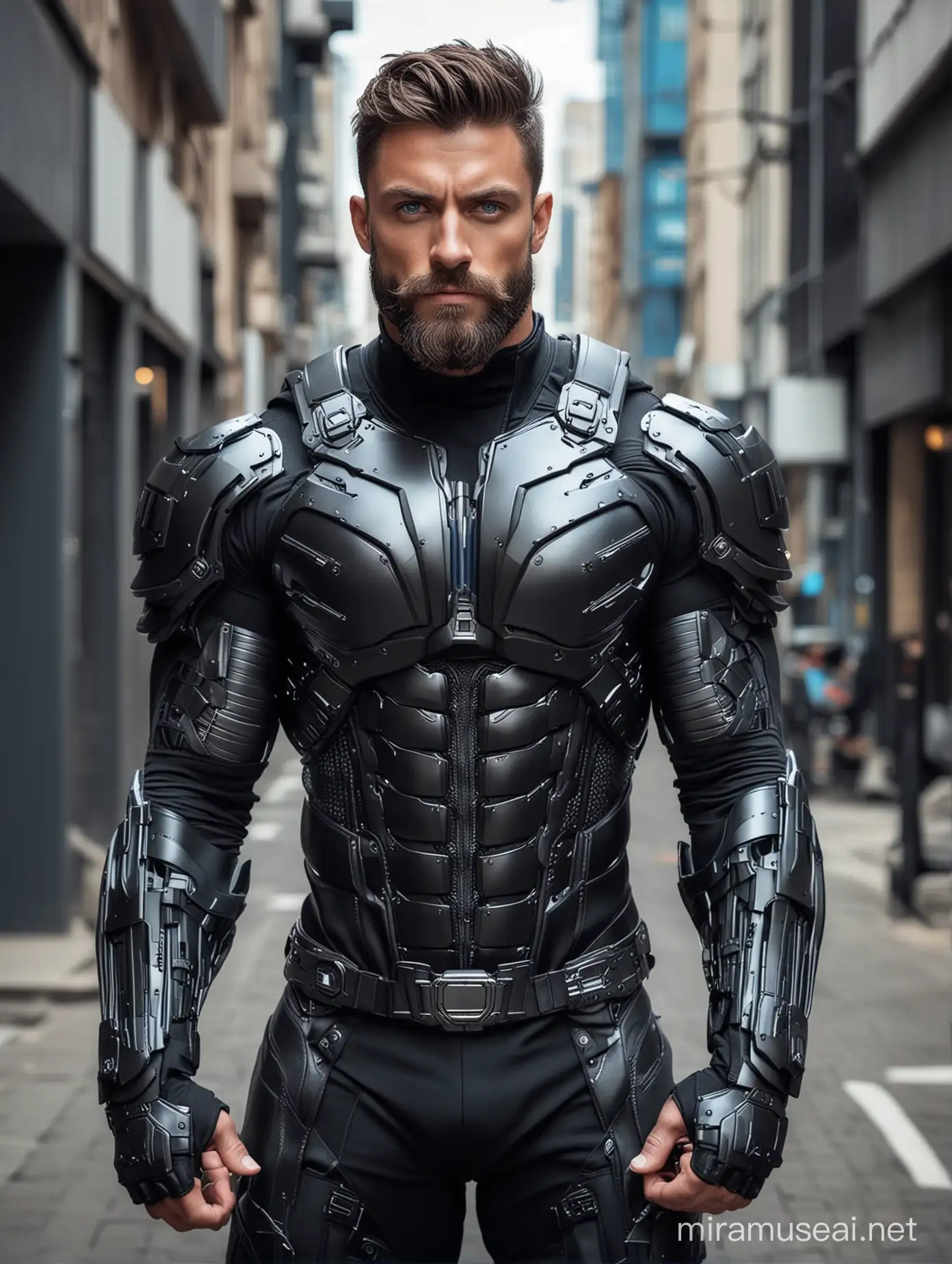 Muscular Bodybuilder Men in SciFi HighTech Armor Suit Walking on Street