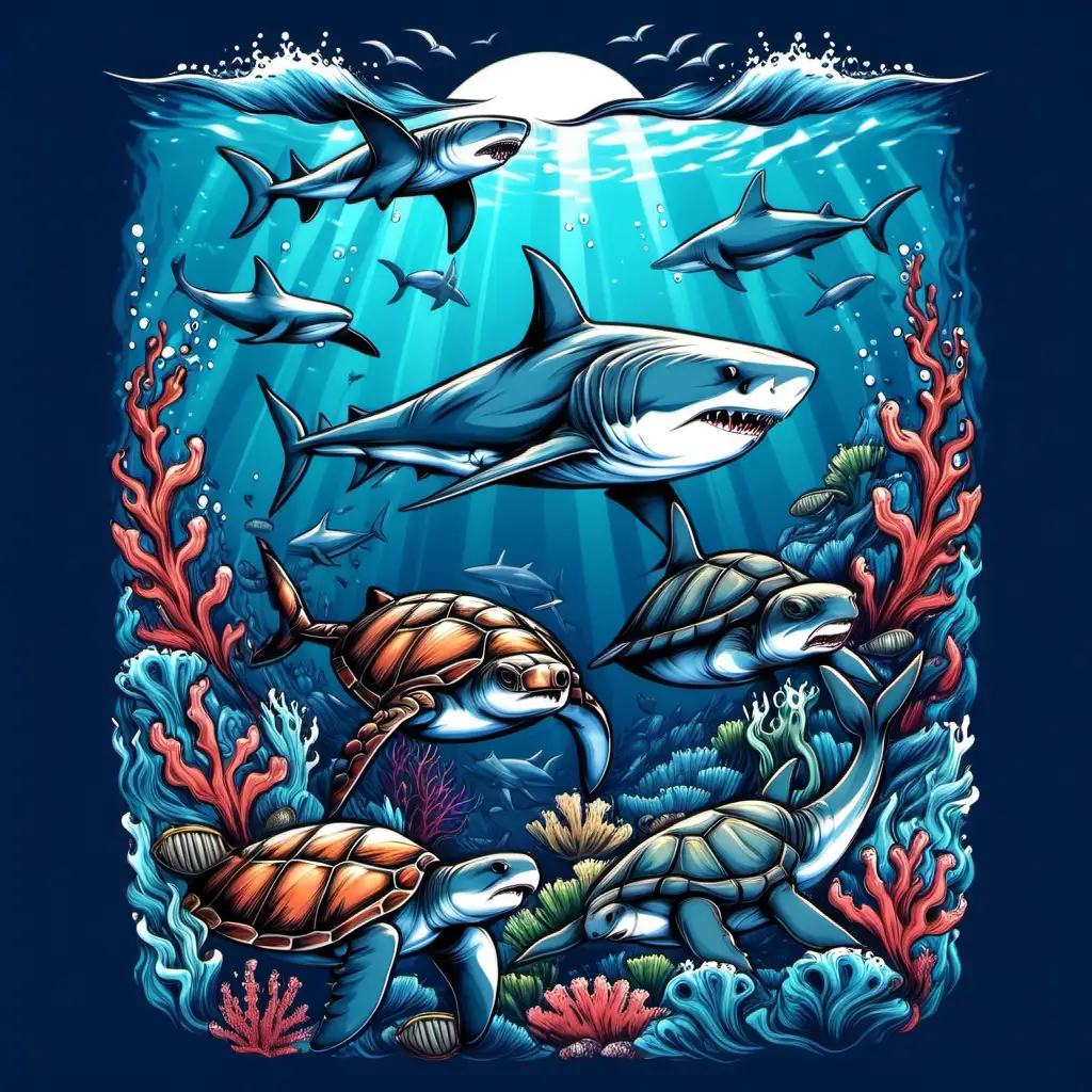 Marine Life Majestic Shark Whale and Turtle Ocean Theme Tshirt Design
