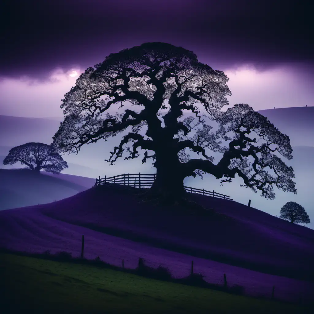 An immense, Silhouetted oak on a hilltop overlooking smaller hills and fields with a deep purple, misty background