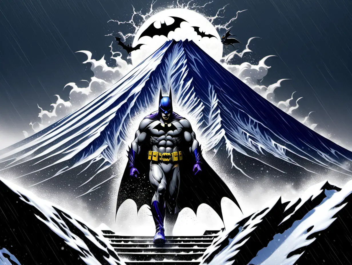 Batman and the Joker climbing Mt Fuji in a winter storm