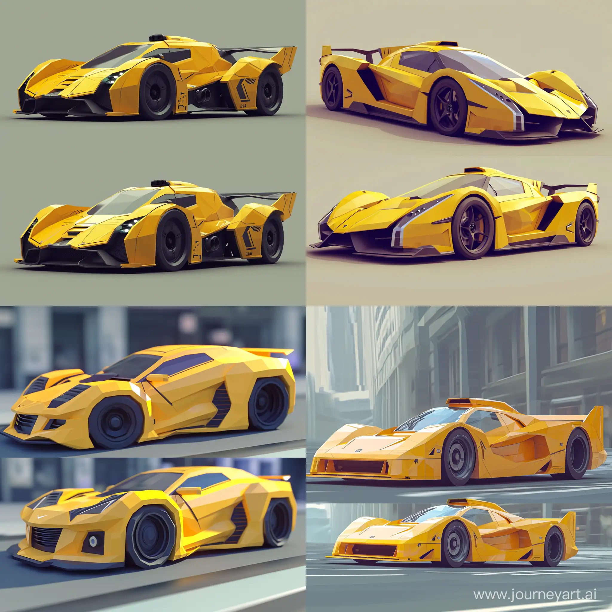 yellow maslcar, Front and Side view, drift, speed, low poly, game