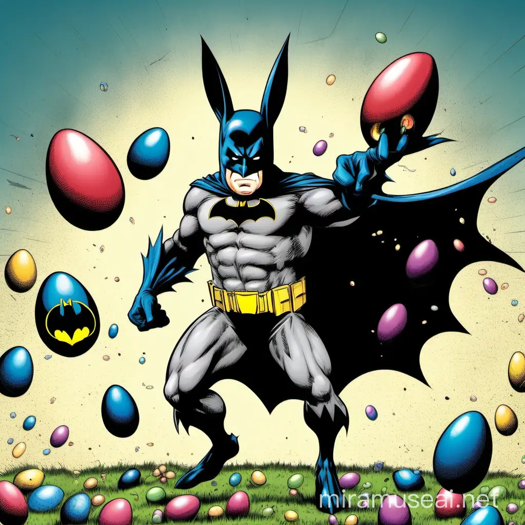 Easter bunny throwing explosive egg bombs whole dressed as batman