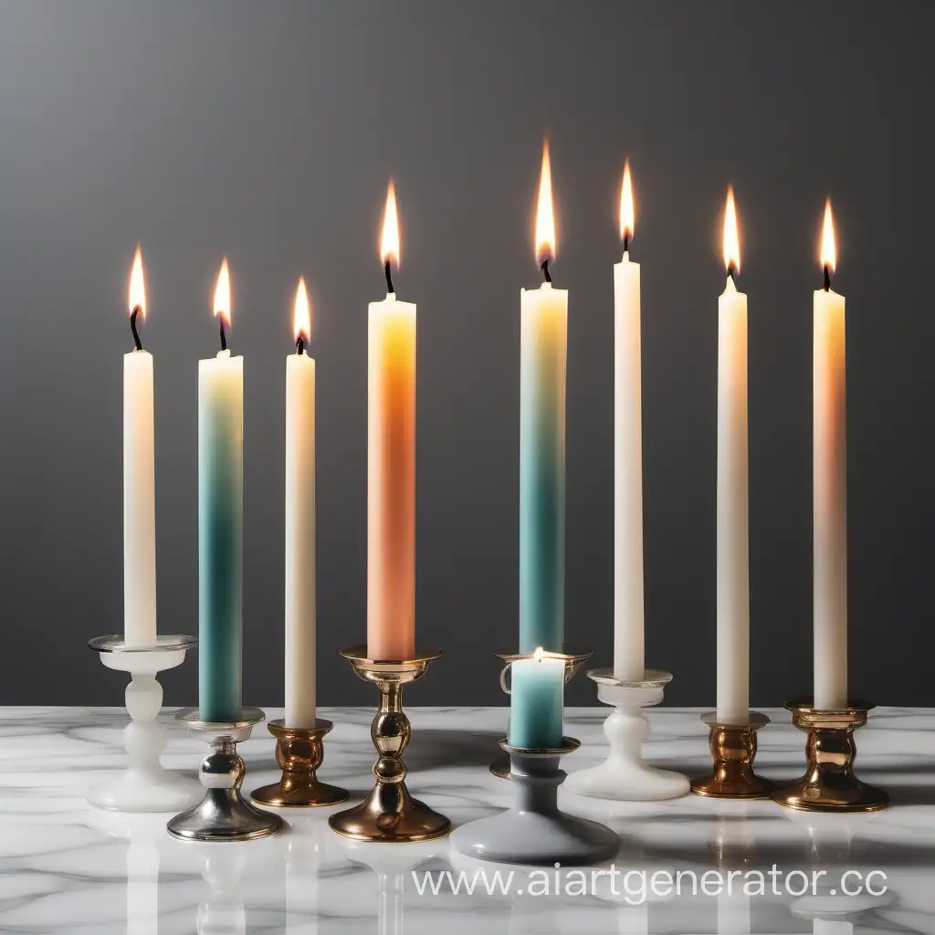the image shows table candles in different formats: very thin, tonic, thick, high and medium height. All candles have a solid color. Candles of different colors. Each candle is on a designer candlestick made of marble or glass or wood or metal. The wicks of the candles are burning. The image is on a gray background. Harmonious colors with a background and with a burning flame. The image emphasizes the style of interior decoration with candles.