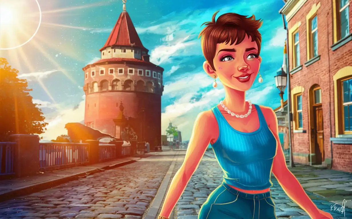 Brunette Pixie Cut Woman Strolling on Vyborg Street by Round Tower in Summer