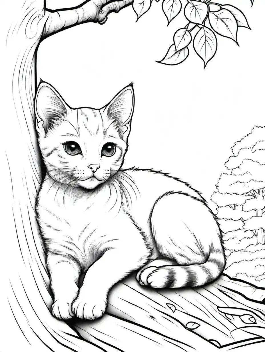 Adorable Japanese Bobtail Kitten Coloring Page Under a Tree