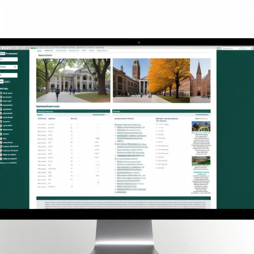 Give me a computer screen  with a Split image with university websites, program brochures, and comparison tables in a different splits