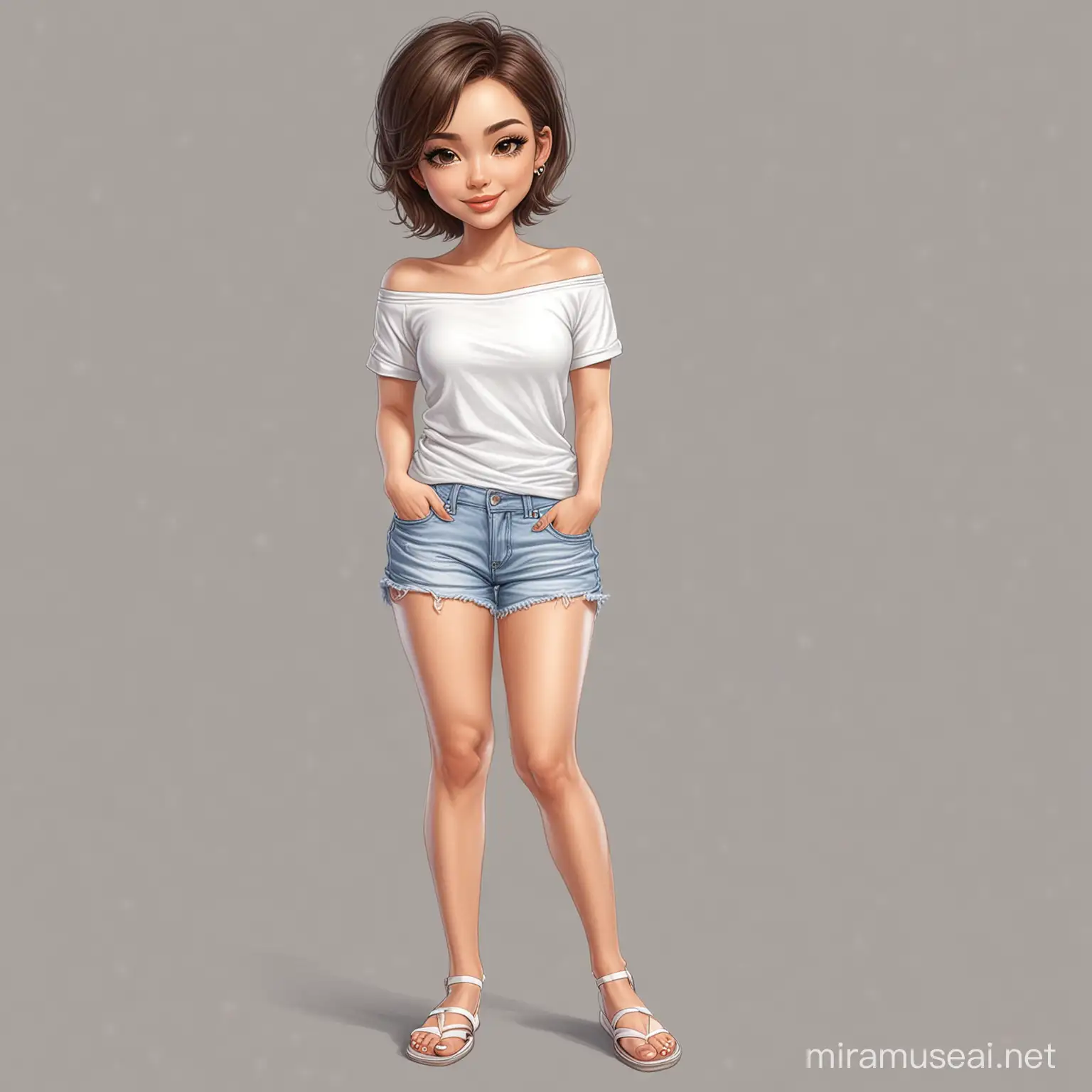  AI Art Image Prompt Quick pencil drawn caricature of a beautiful sexy woman, chibi style, with short hair, almond eyes, pointed chin, she is wearing a white, tight t-shirt, casual mini skirt pants, off-the-shoulder, flip flops, full length, caricature