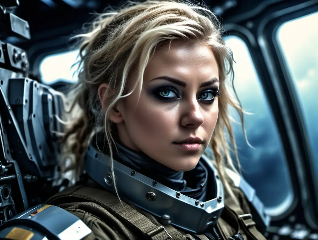 Beautiful Nordic woman, very attractive face, detailed eyes, big breasts, dark eye shadow, messy blonde hair, dressed in an armored flight suit, close up, soft light on face, rim lighting, facing away from camera, looking back over her shoulder, inside a futuristic colored cockpit, photorealistic, very high detail, extra wide photo,