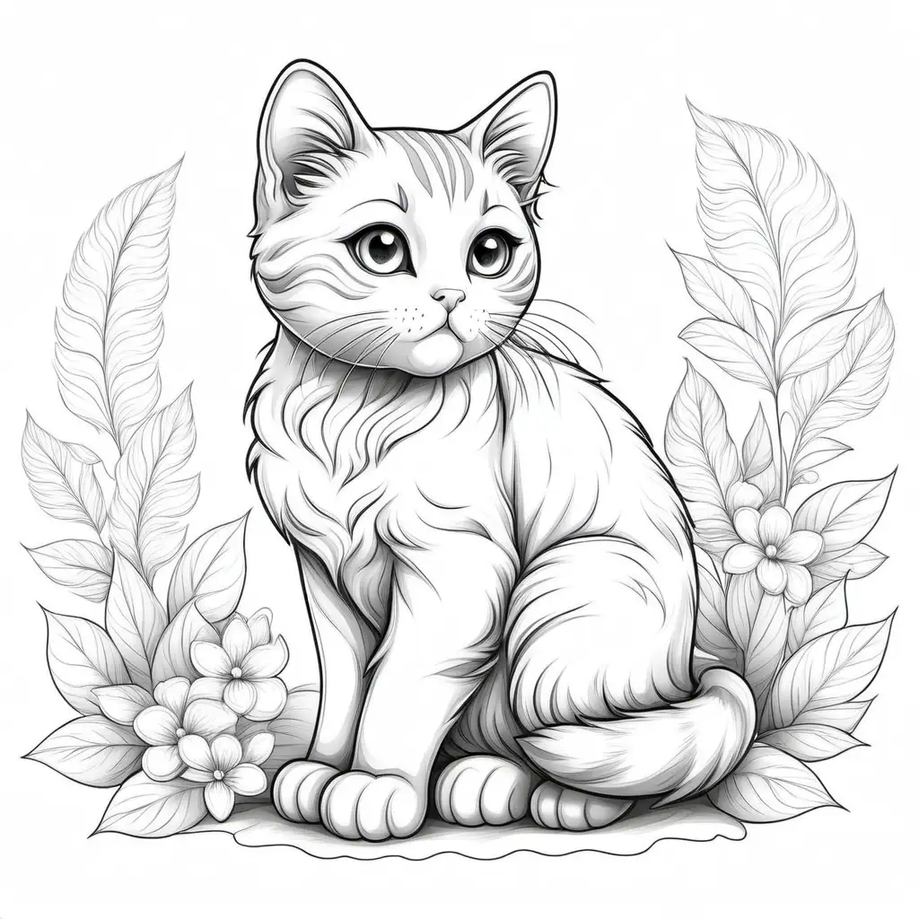 Adorable White Cat in Minimalistic Coloring Book Illustration