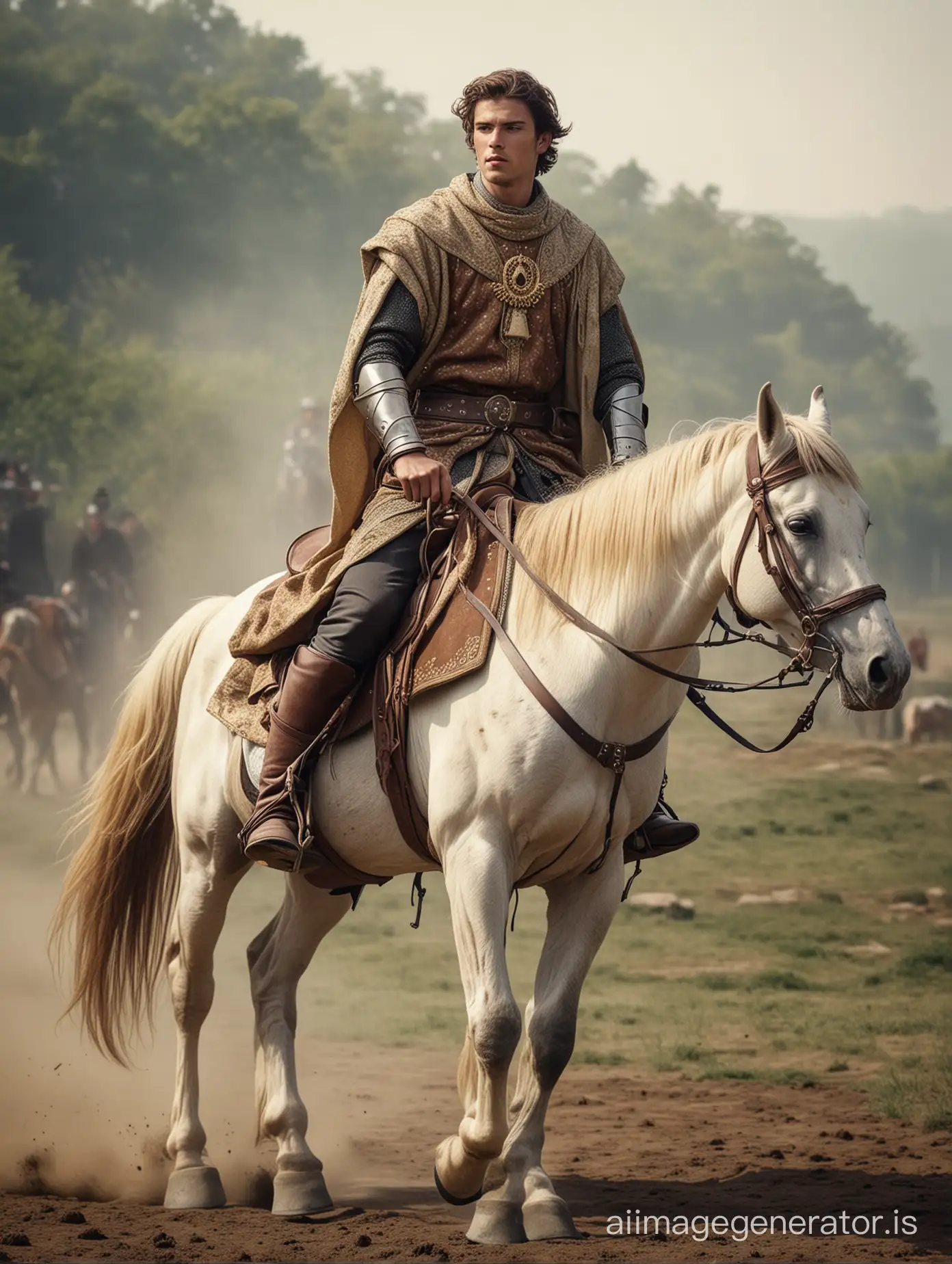 Picture of a young Western feudal lord riding a horse.