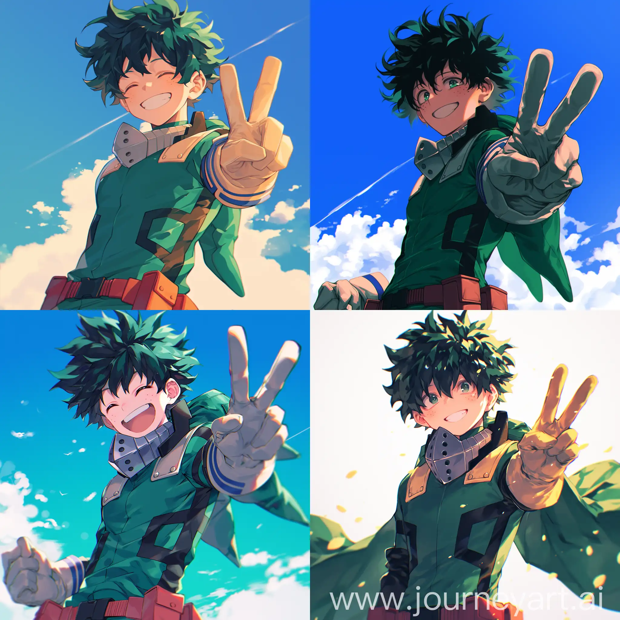 Deku from MHA , black hairs , wearing his green costume , passing a smile and a peace sign , aesthetic background , 32k, uhd, japanese anime art style --ar 1:1 --niji 6