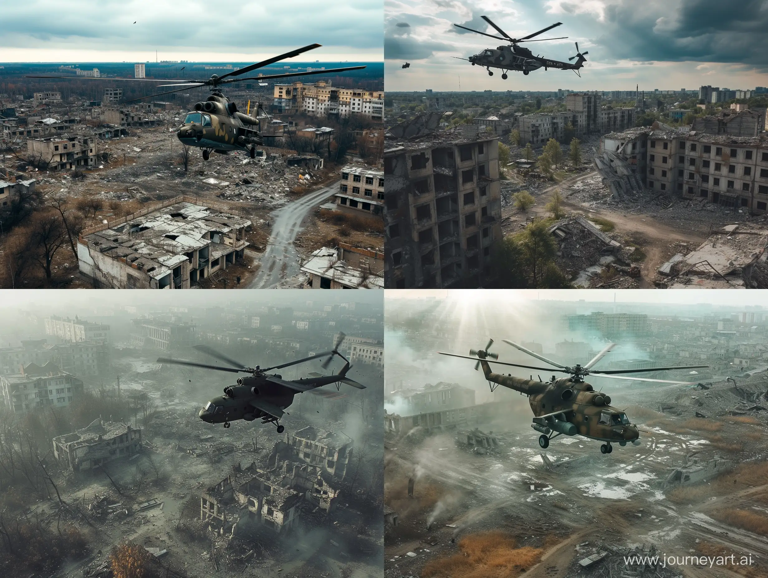War in Ukraine, Mi-24 attack helicopter flies over a destroyed city, full view, drone view, landscape, cinematic