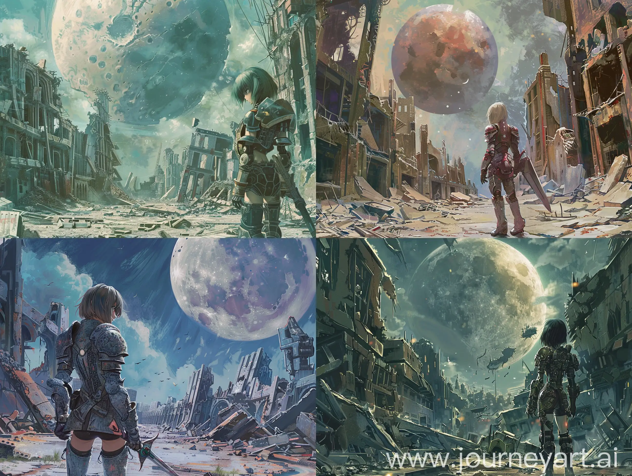 Warrior-Girl-Amidst-Ruins-Mecha-Anime-Scene-with-Moonlit-Sky
