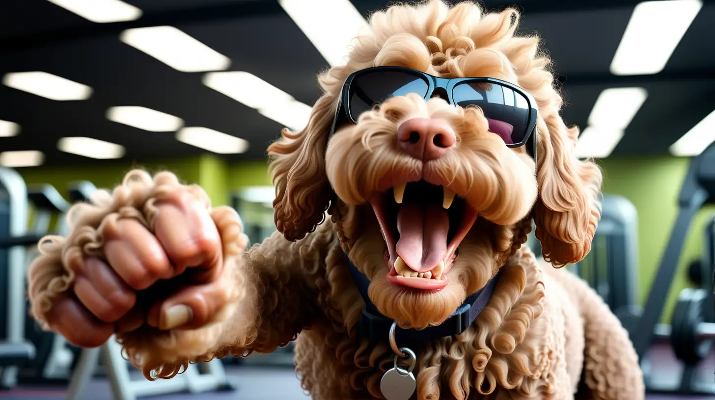 oversized muscular strong labradoodle in gym, wearing sunglasses, screaming and pointing finger