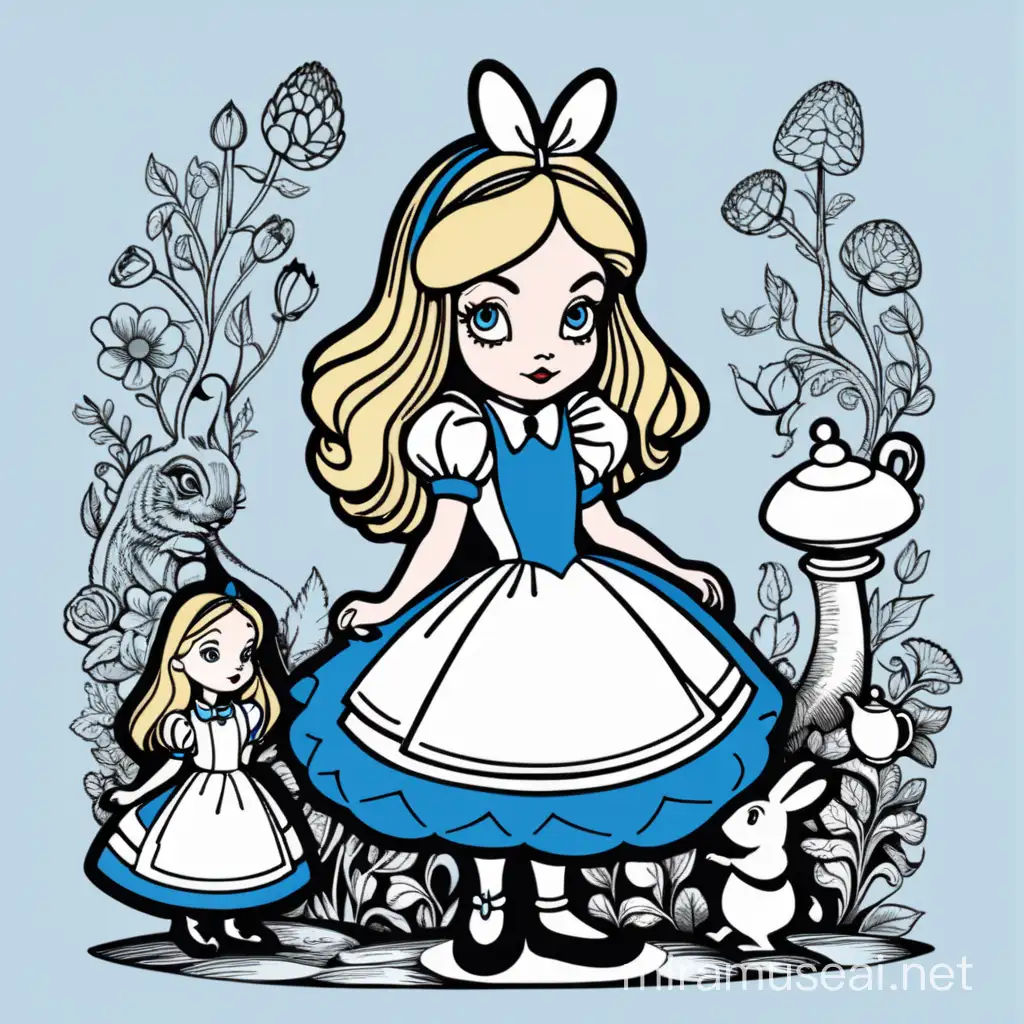 alice in wonderland from disney, cute, minimalist, vector art, colored illustration with a black outline