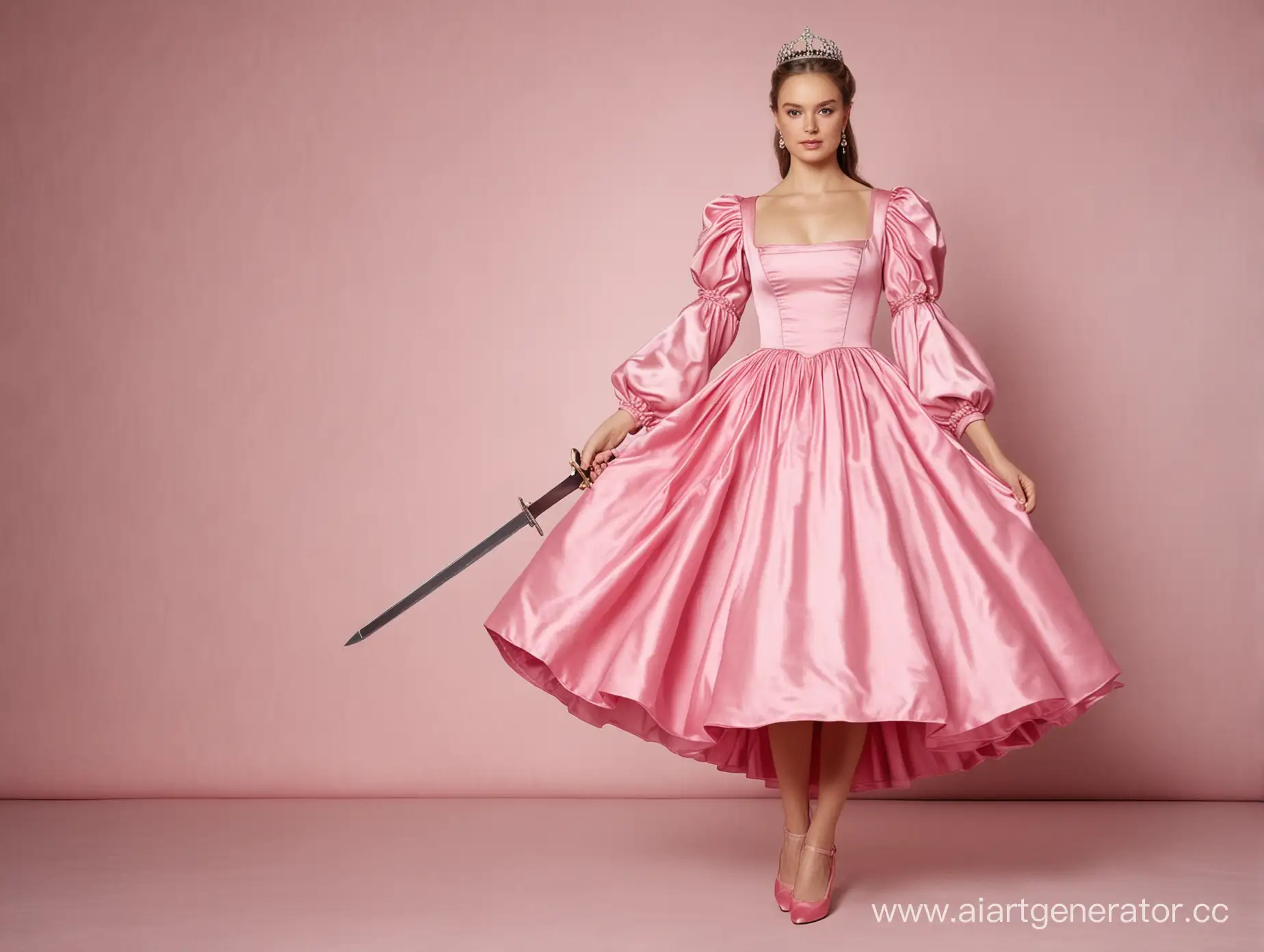 Молодая Королева в розовом атласном платье , с пышными рукавами и пышной юбкой.  Держит меч в руке. Розовыми туфлями 12 см. каблуком.