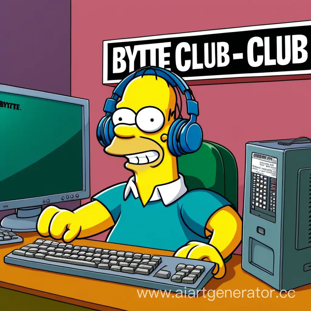 Персонаж из симпсонов улыбчивый мужчина 
в наушниках рекламирует компьютерный клуб "BYTE" ему нравится 
