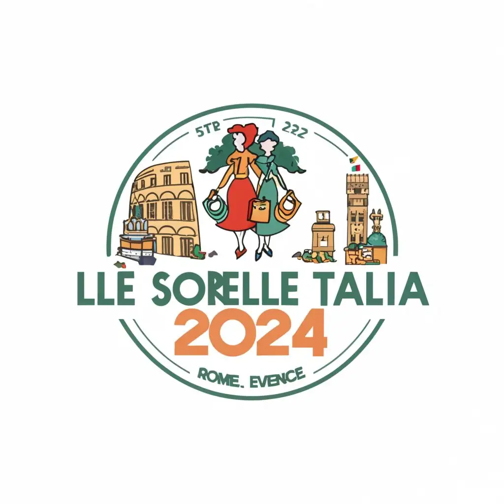 a logo design,with the text " Le Sorelle Italia 2024 Rome Florence Venice Lake as", main symbol: Something fun, creative but not too busy, a round logo would be good. Maybe a picture of 2 ladies with wine and luggage? Will be used for luggage tags, totes, and water bottles. ,Moderate,be used in Travel industry,clear background