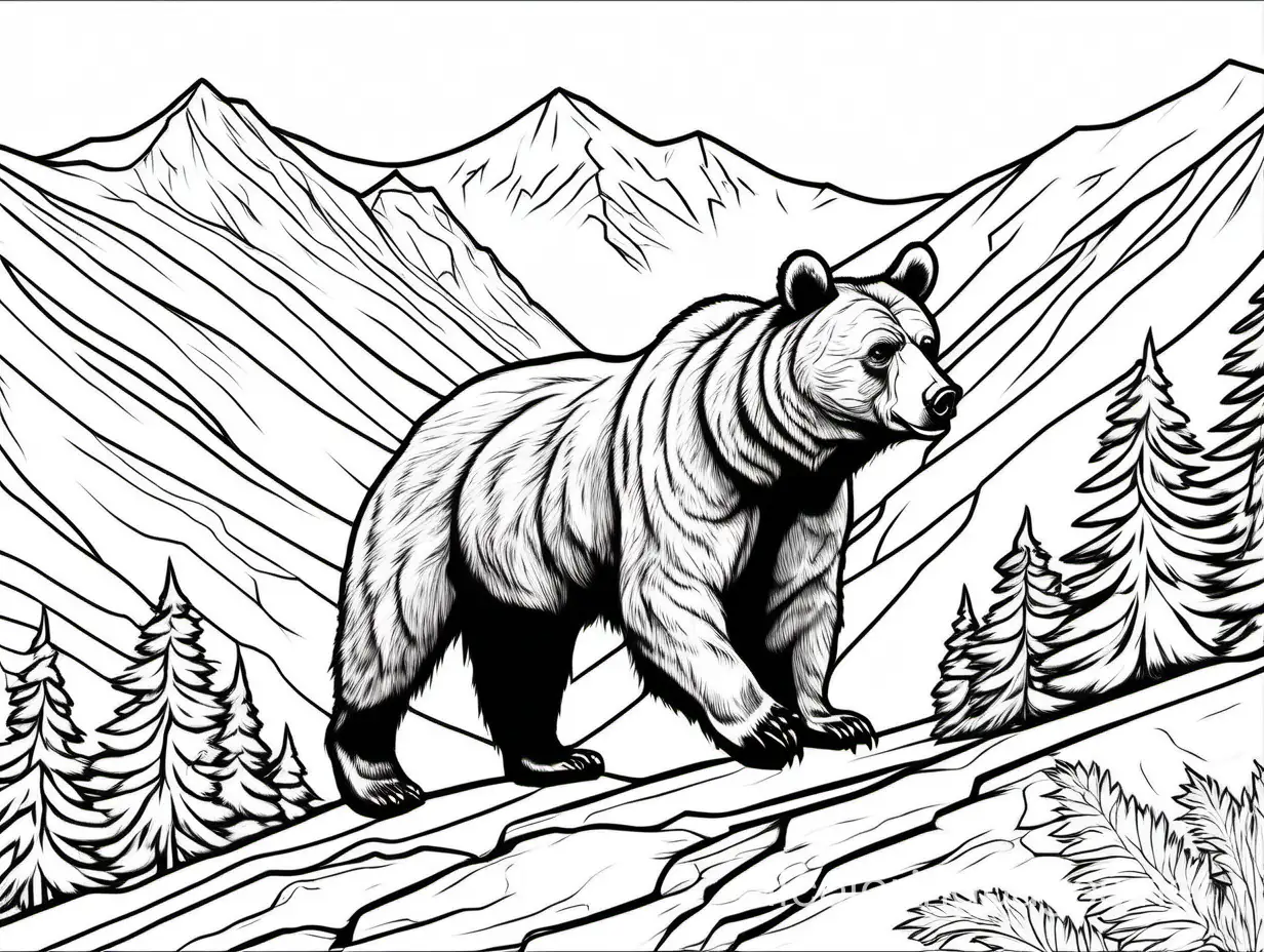 north american brown bear in mountains, Coloring Page, black and white, line art, white background, Simplicity, Ample White Space. The background of the coloring page is plain white to make it easy for young children to color within the lines. The outlines of all the subjects are easy to distinguish, making it simple for kids to color without too much difficulty