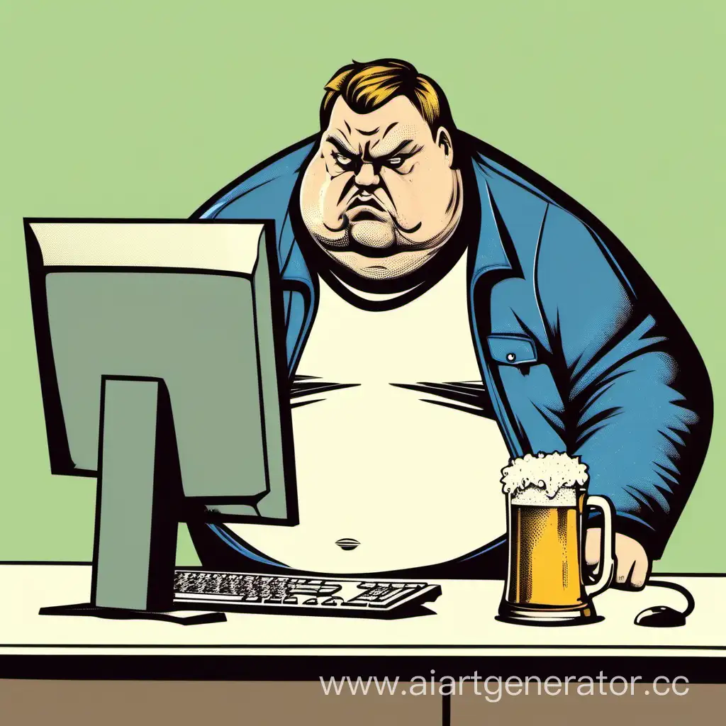 a fat disgruntled man with beer at the computer